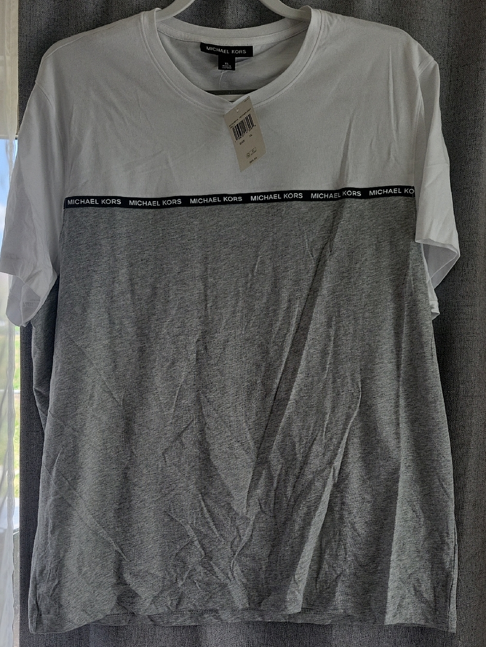 Michael Kors White and Gray Colorblock Crew Tee with Branded Tape